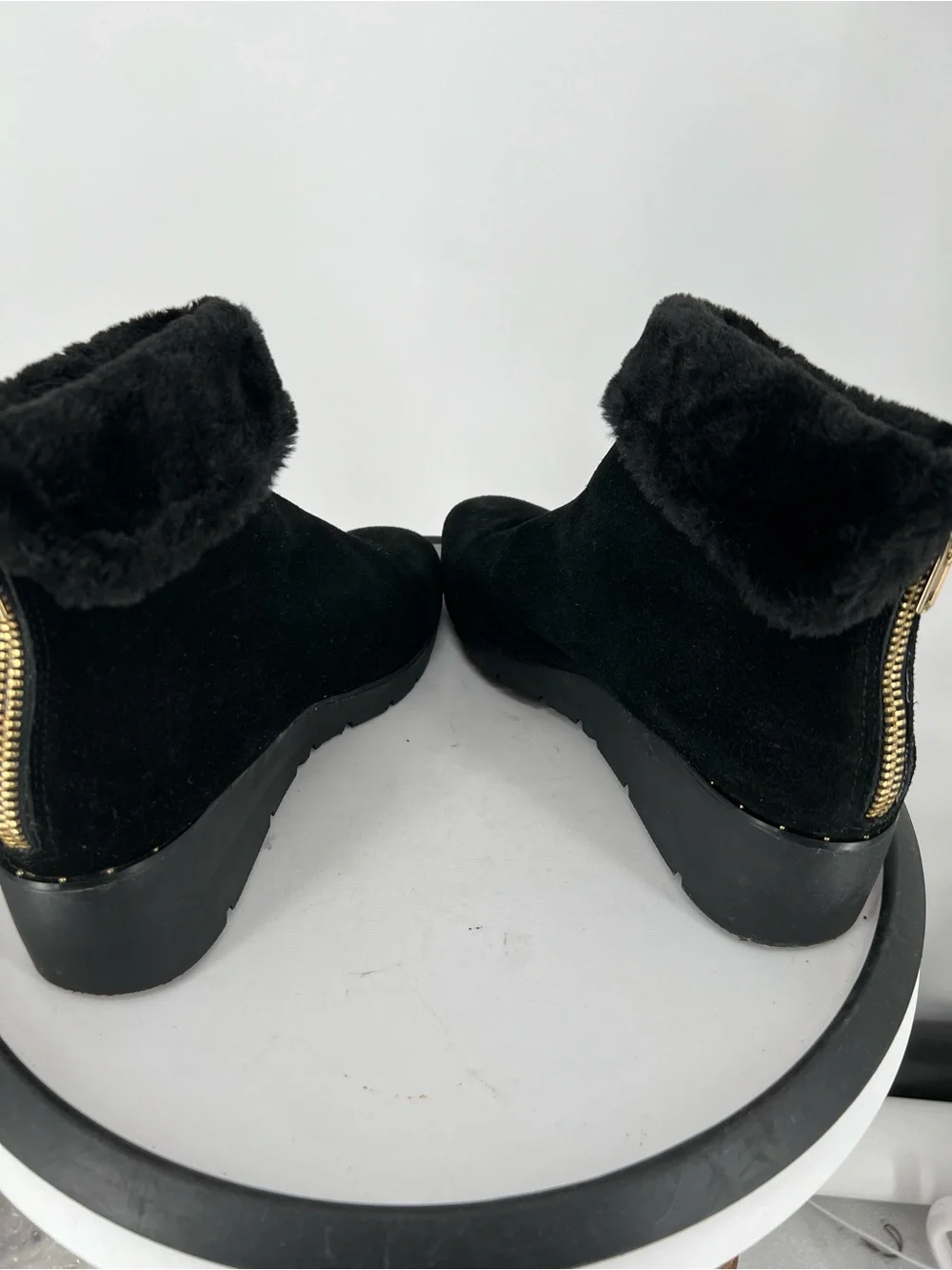 Steven Natural Comfort Bingo Black Suede Faux Fur Cuff Wedge‎ Booties